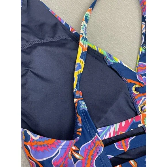 NEW $108 BCBGMAXAZRIA Womens Small One Piece Swimsuit Midnight Floral Lace Up - Picture 6 of 13